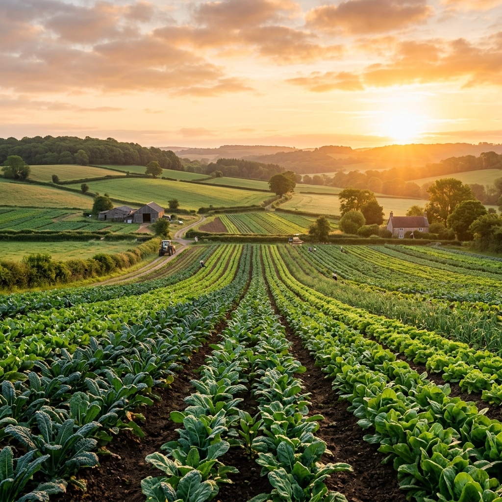 Lush green organic agricultural field under warm morning sunrise in Anantapur